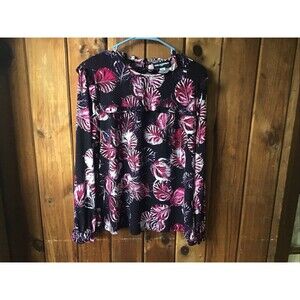 Karl Lagerfeld Leaf Print Ruffled Top M Mock Neck Long Sleeves Keyhole